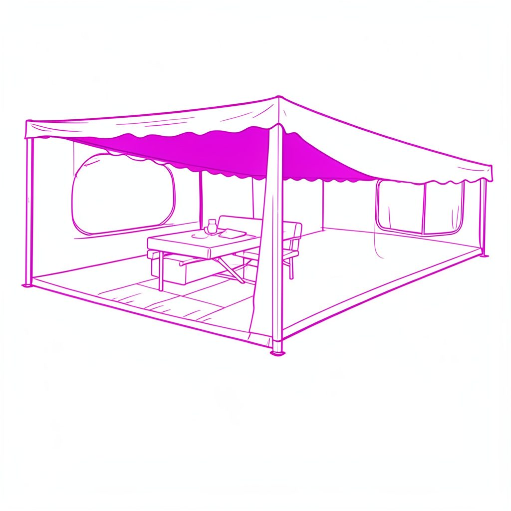 Minimal black-and-white line drawing of an RV patio awning extended with support arms, neutral mood