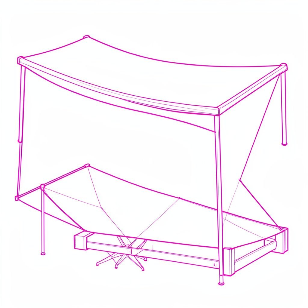 Simple line drawing of a striped camper awning extended beside a trailer, rendered in soft charcoal gray and muted pink tones with a calm, breezy mood