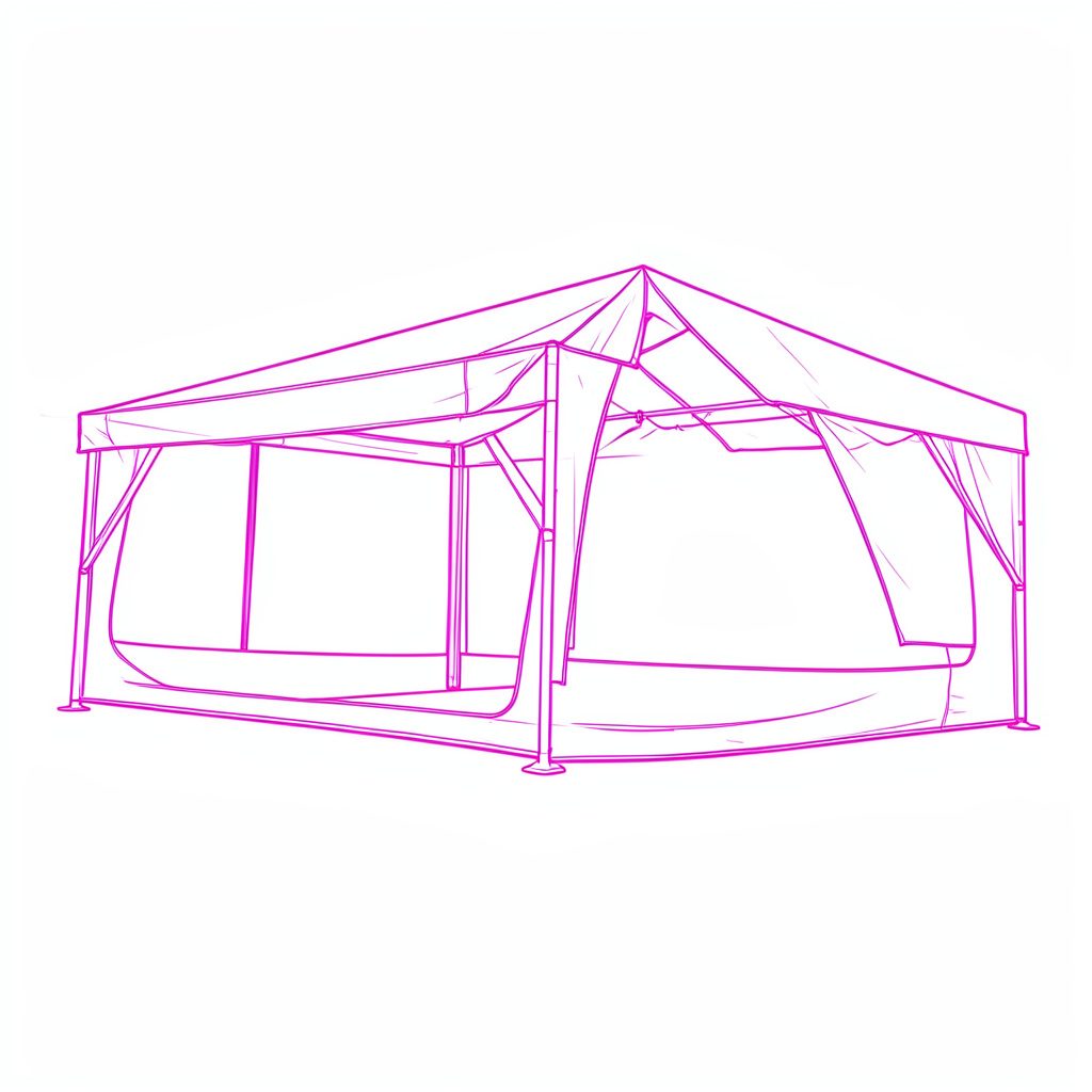 Atmospheric line drawing of a van parked at dusk with an awning extended over a small camp table, in deep blue and pale lavender.
