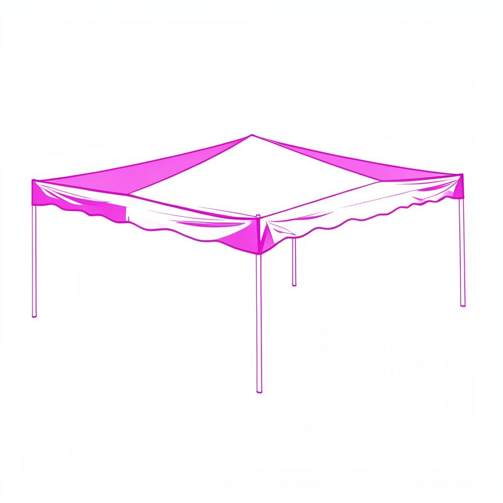 Minimal line drawing of a van roof rack with an extended awning shelter, rendered in soft white and pale teal over a deep charcoal sky.