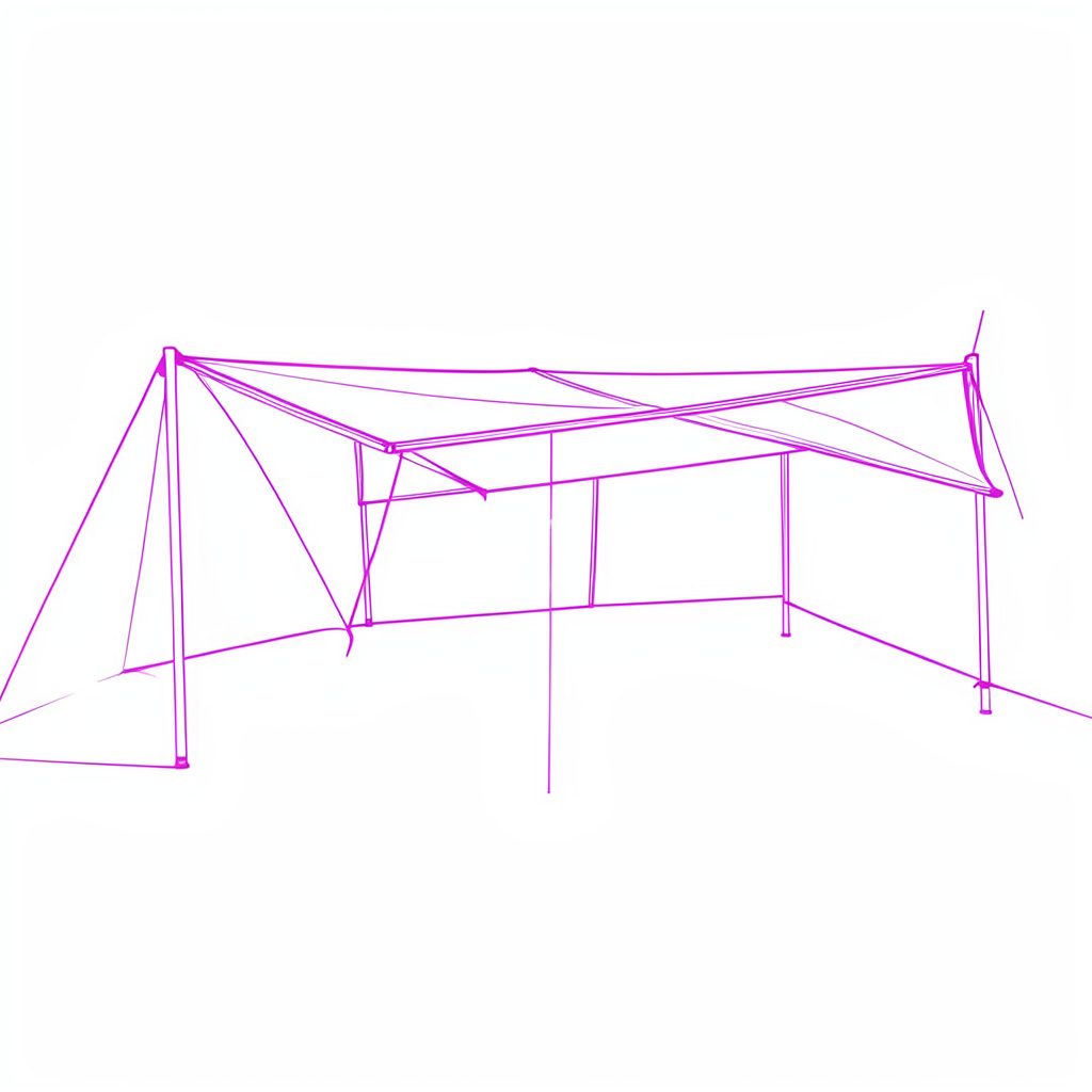 Line drawing of a fabric awning rolled out from a vintage camper, in soft beige and warm brown.