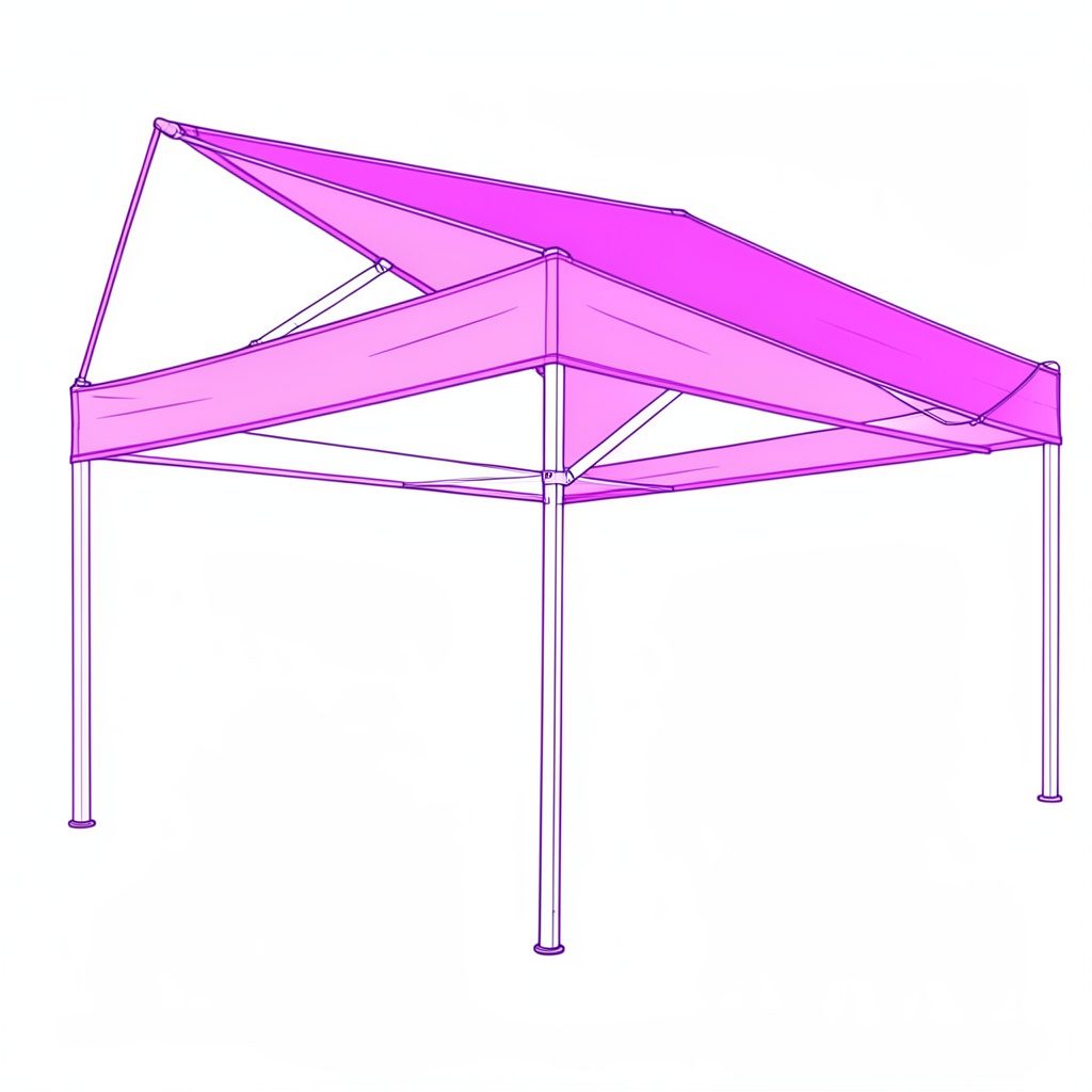 Line drawing of a rolled awning fabric bolt leaning against a wall, rendered in light gray with a pink accent stripe
