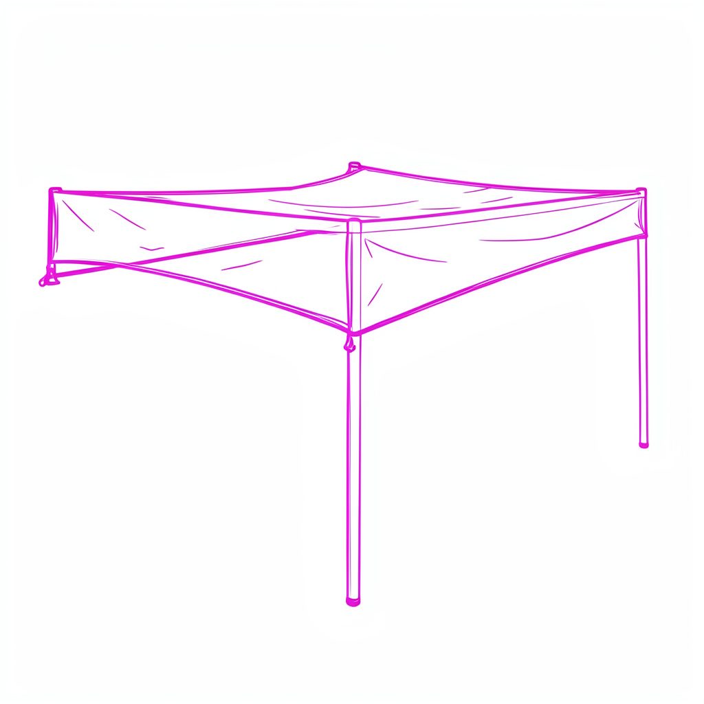 Simple line illustration of a side-mounted awning rolled out from a van, in muted gray and warm cream.
