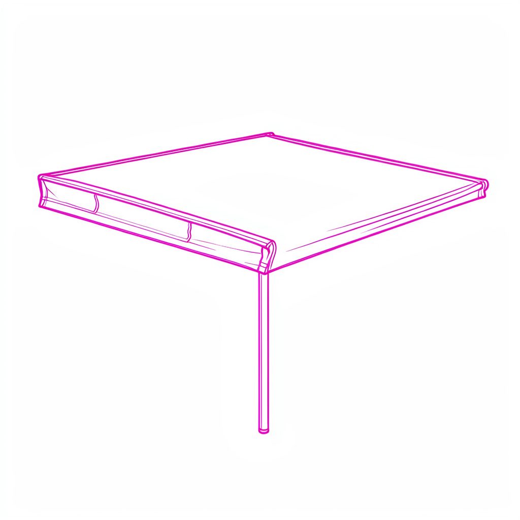Circular line drawing of a rolled-up awning fabric tube in light gray and pink line work, minimal and clean