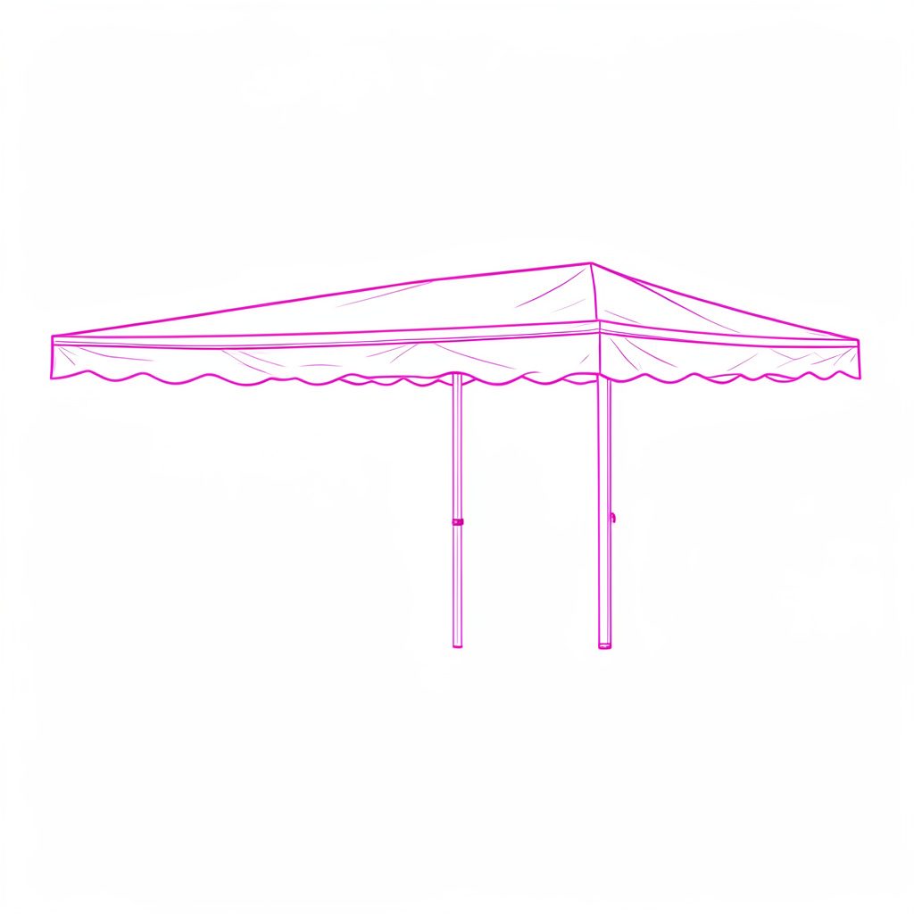 Line drawing of a van with a side awning extended, drawn in minimal gray strokes with a soft pink sky